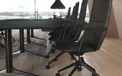 Fjell med 4er kryss og høy rygg sammen med et Kvart bord i et konferanserom fra Fora Form