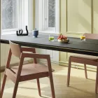 Knekk wood table in blackstained and chairs in blended green